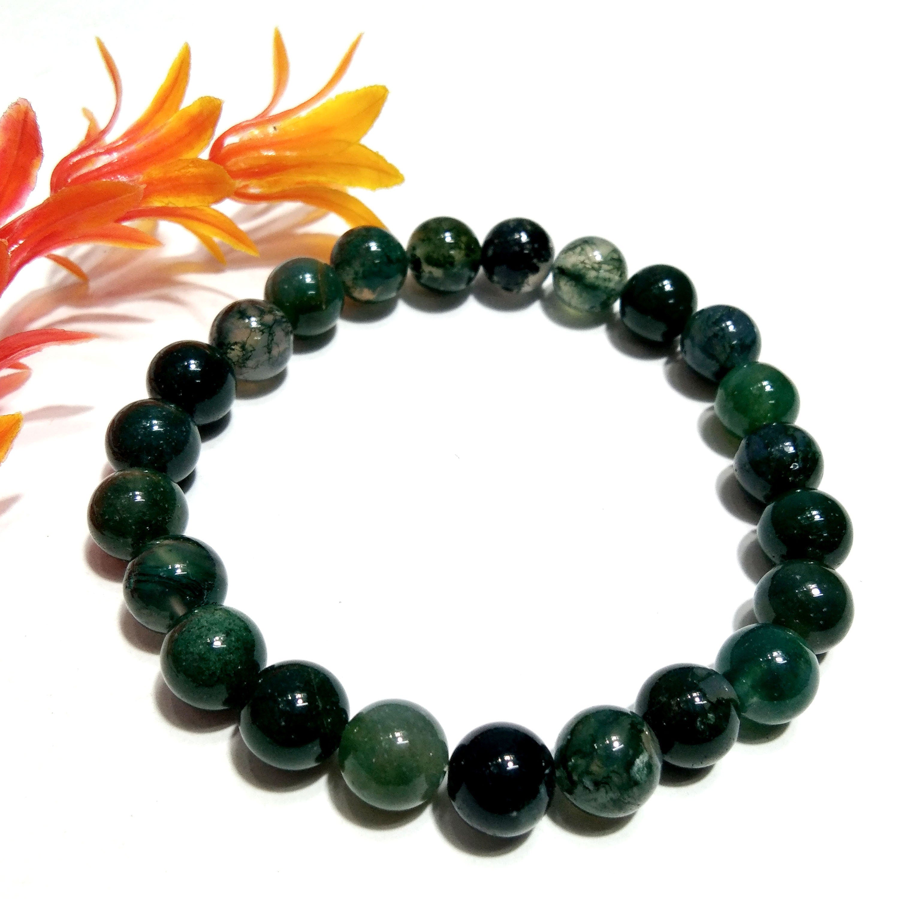 Moss Agate Bracelet Beads Stone, Natural Moss Agate Healing Handmade for Men & Women Round Bracelet, Size 8x8mm Gift Easter day Bracelet